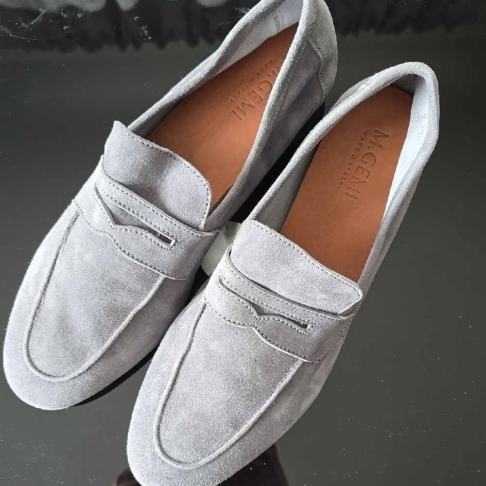 M. Gemi Gray Suede Penny Loafers Elegant Flats